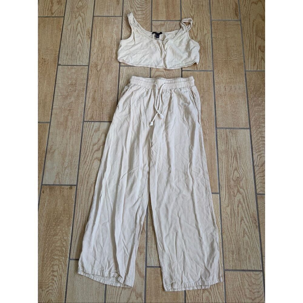 Linen Blend Cover Up Set Cream Crop Top Wide Leg Pants Size S Forever 21